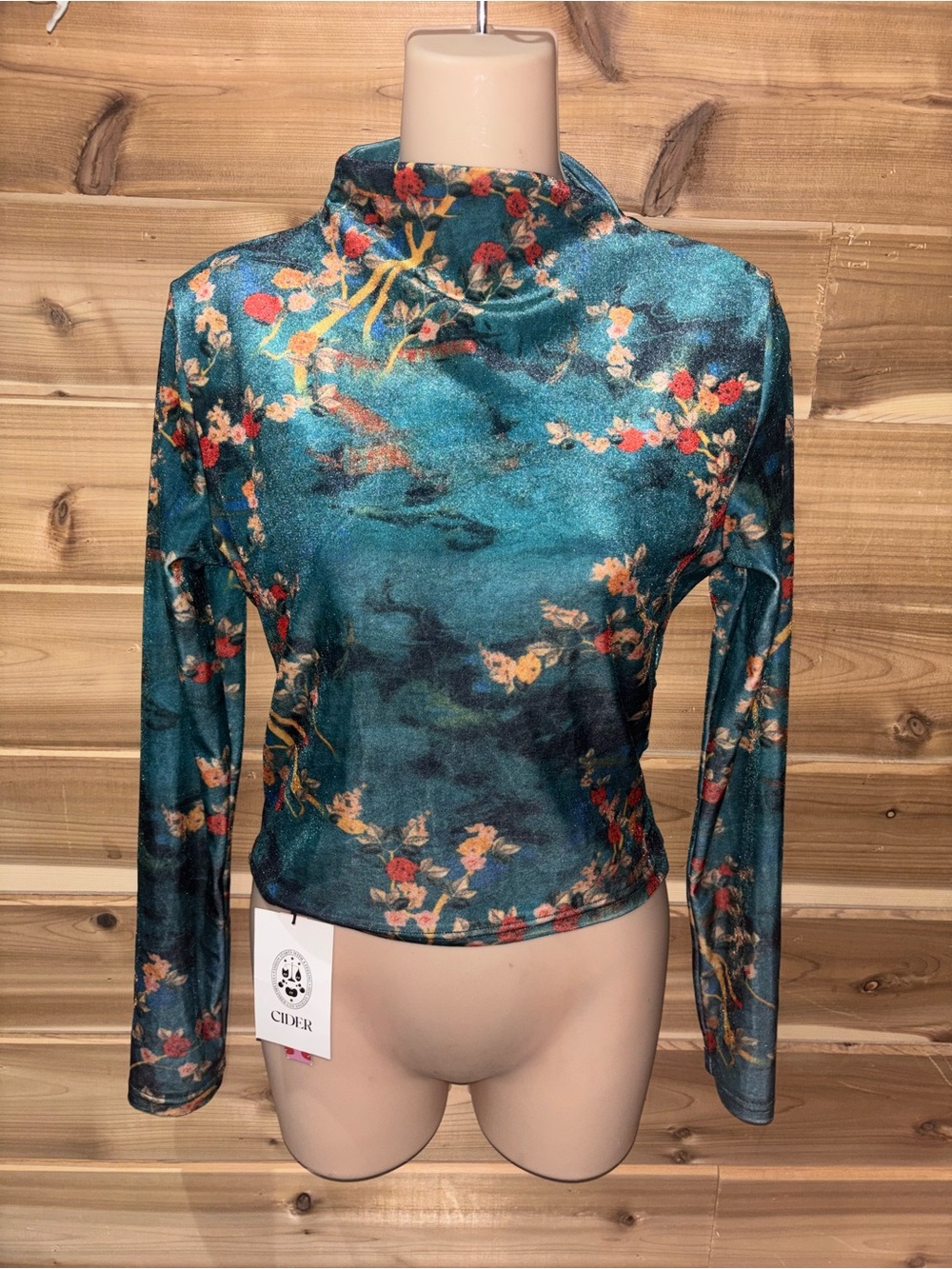 Cider Teal Floral Mock-Neck Long Sleeve Top